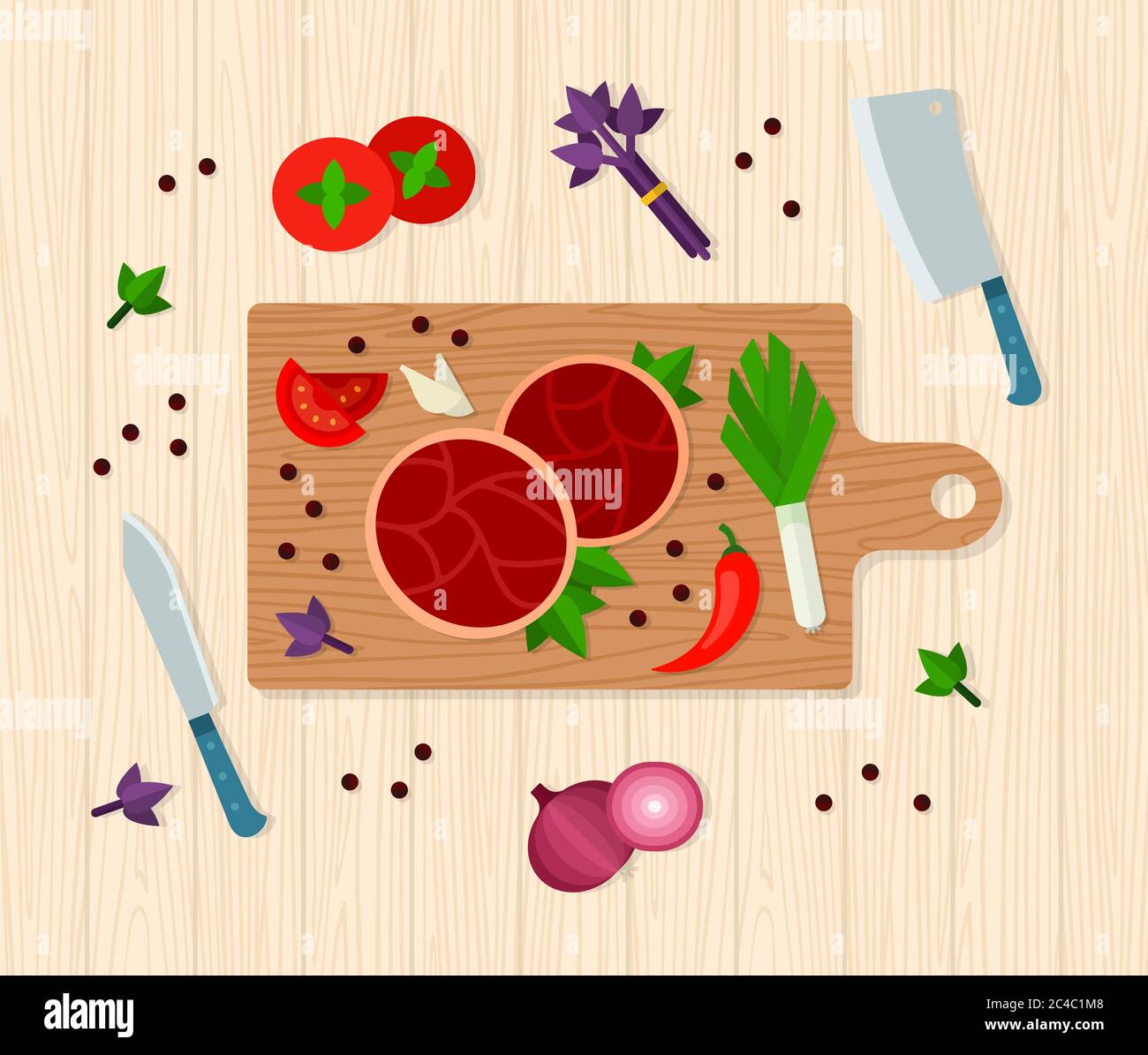 The process of cooking meat on cutting wooden board, with vegetables, top view vector illustration Stock Vector