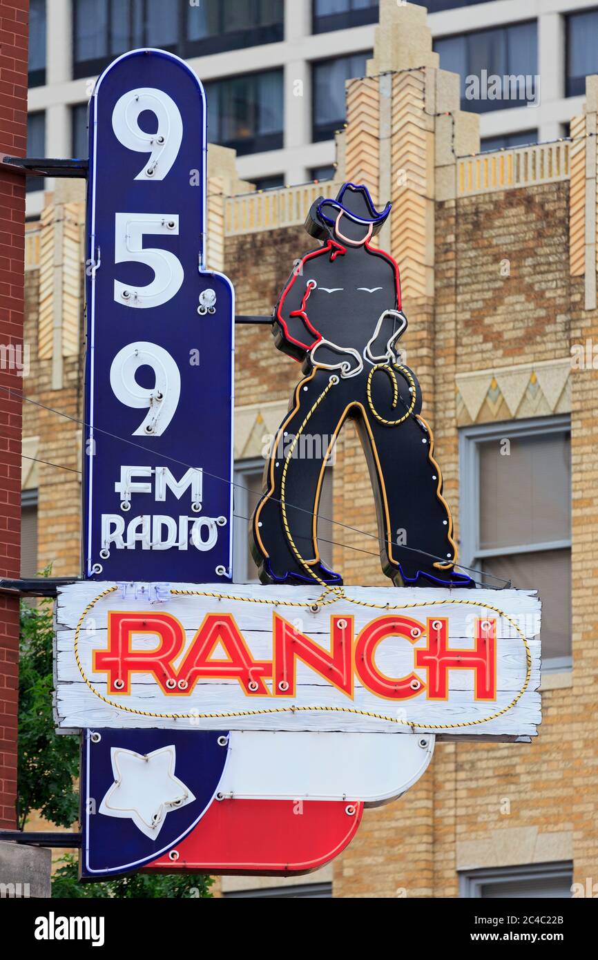 Ranch Radio neon sign, Sundance Square, Fort Worth, Texas, USA Stock Photo