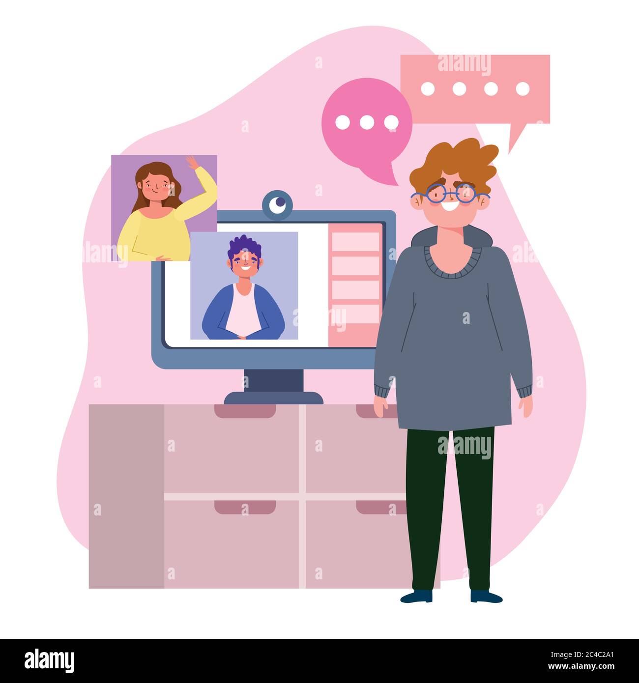 online party, birthday or meeting friends, men talking by computer ...