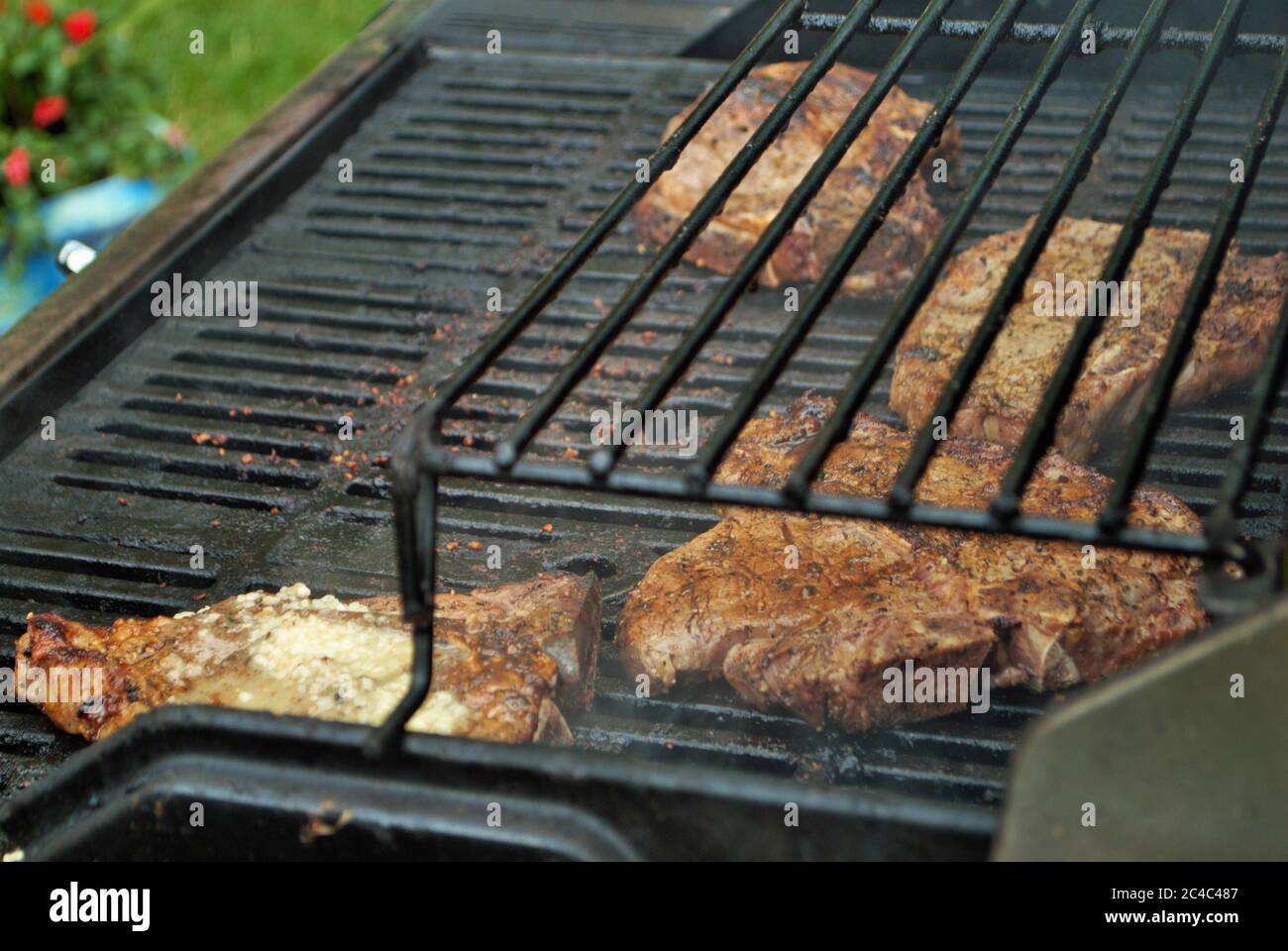 food on the grill at a backyard cookout Stock Photo