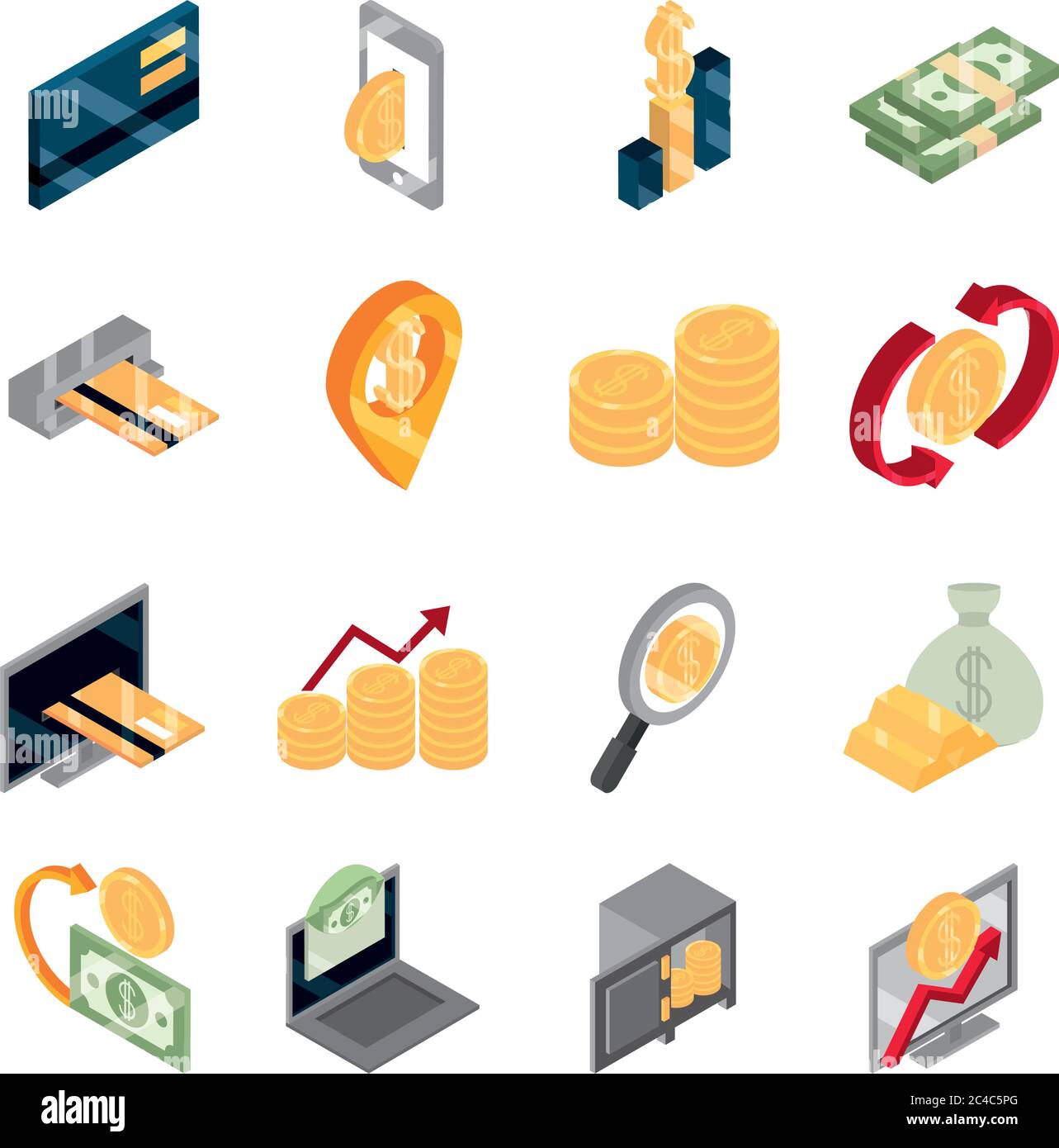 isometric money cash currency business coins banknotes isolated on ...