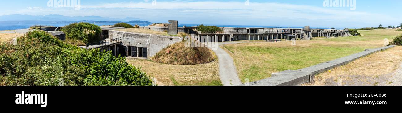 A panorama of Fort Casey ramparts bunkers and gun batteries along Admiralty Inlet, Salish Sea, Whidbey Island, Washington, USA. Stock Photo