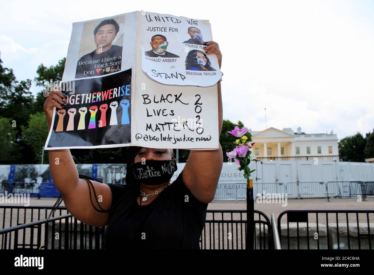 Washington D.C, District of Columbia, USA. 19th June, 2020. Shenita Binns, 13 year Federal employee, has been marching since day one in support of Black Lives Matter, She was amongst the first crowd who was pushed and tear gased in the street so Trump could walk across the street to St. JohnÃs Church for a photo op with a bible. Her teen age son is a victim of racial injustice. Credit: Amy Katz/ZUMA Wire/Alamy Live News Stock Photo