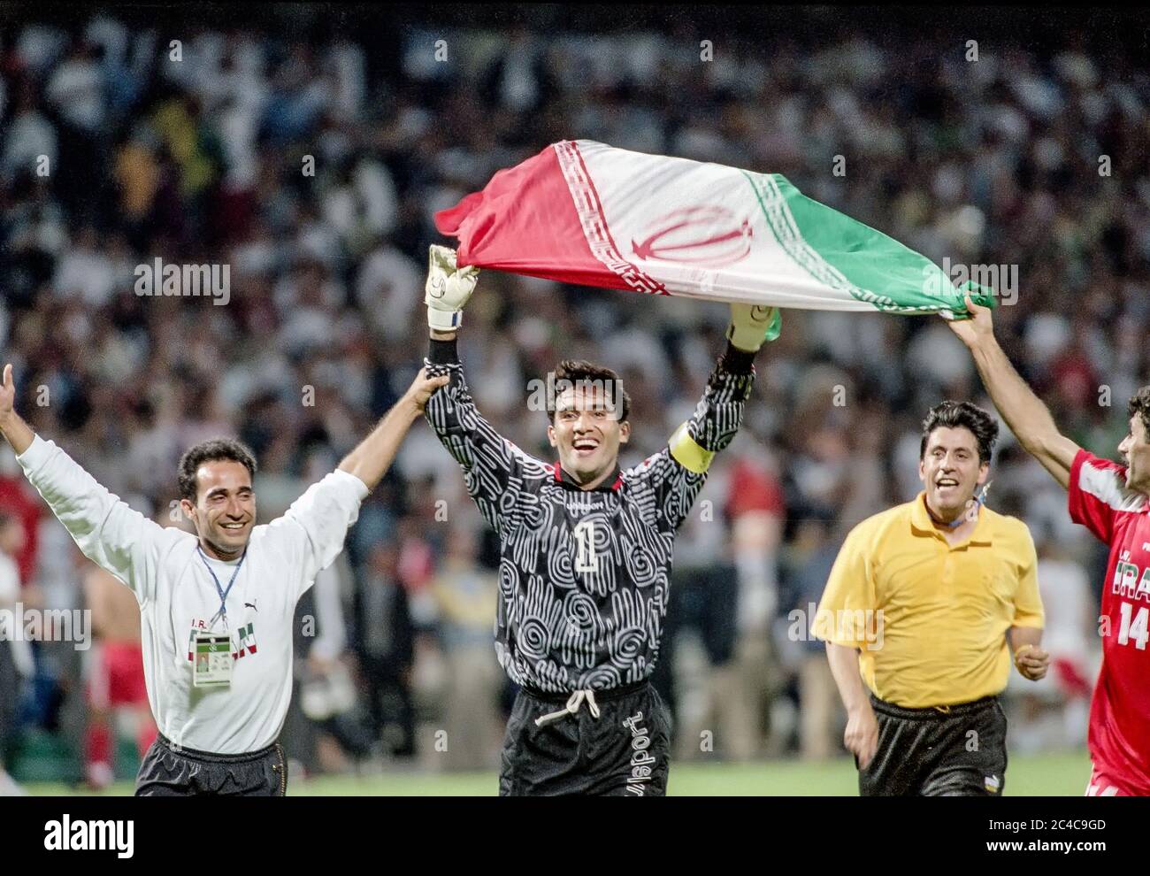Ahmed ABEDZADEH (1) and  Nader KHANI (14) of Iran after their 1998 World Cup match againt the USA. Stock Photo