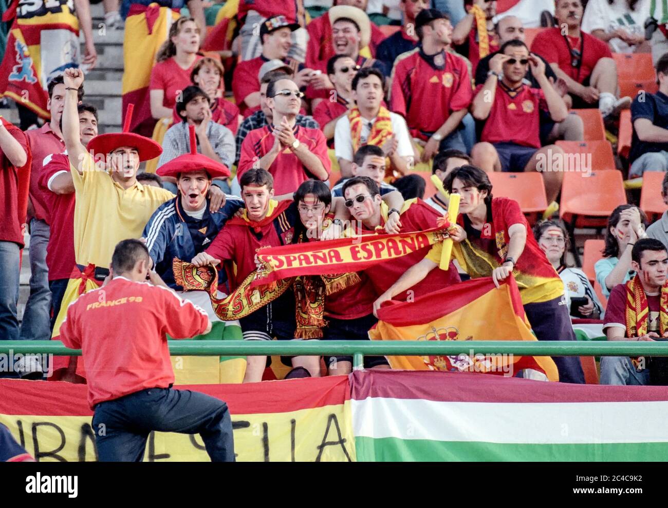 Spanish soccer fans pose for a photo at the 1998 FIFA World Cup Stock