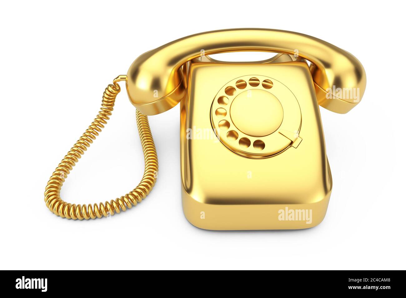 Gold Vintage Styled Rotary Phone on a white background 3d Rendering Stock Photo