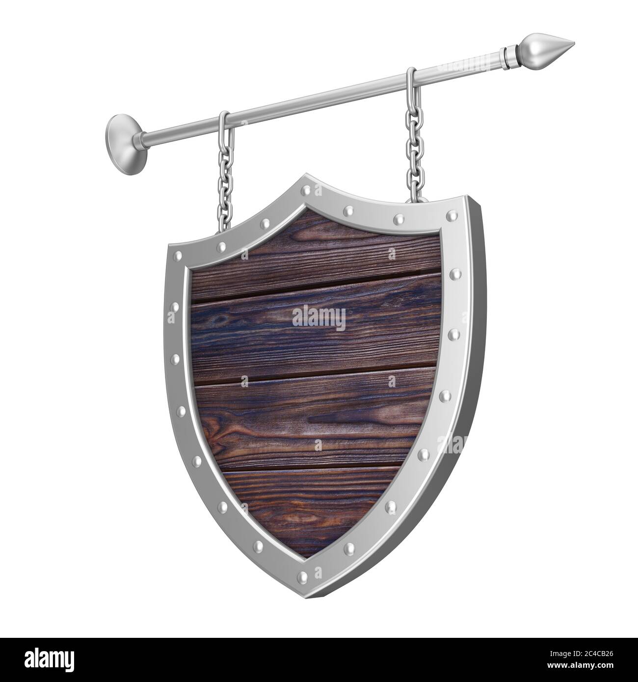 Shield Shaped Rusty Wooden Signboard with Chains on a white background 3d Rendering Stock Photo