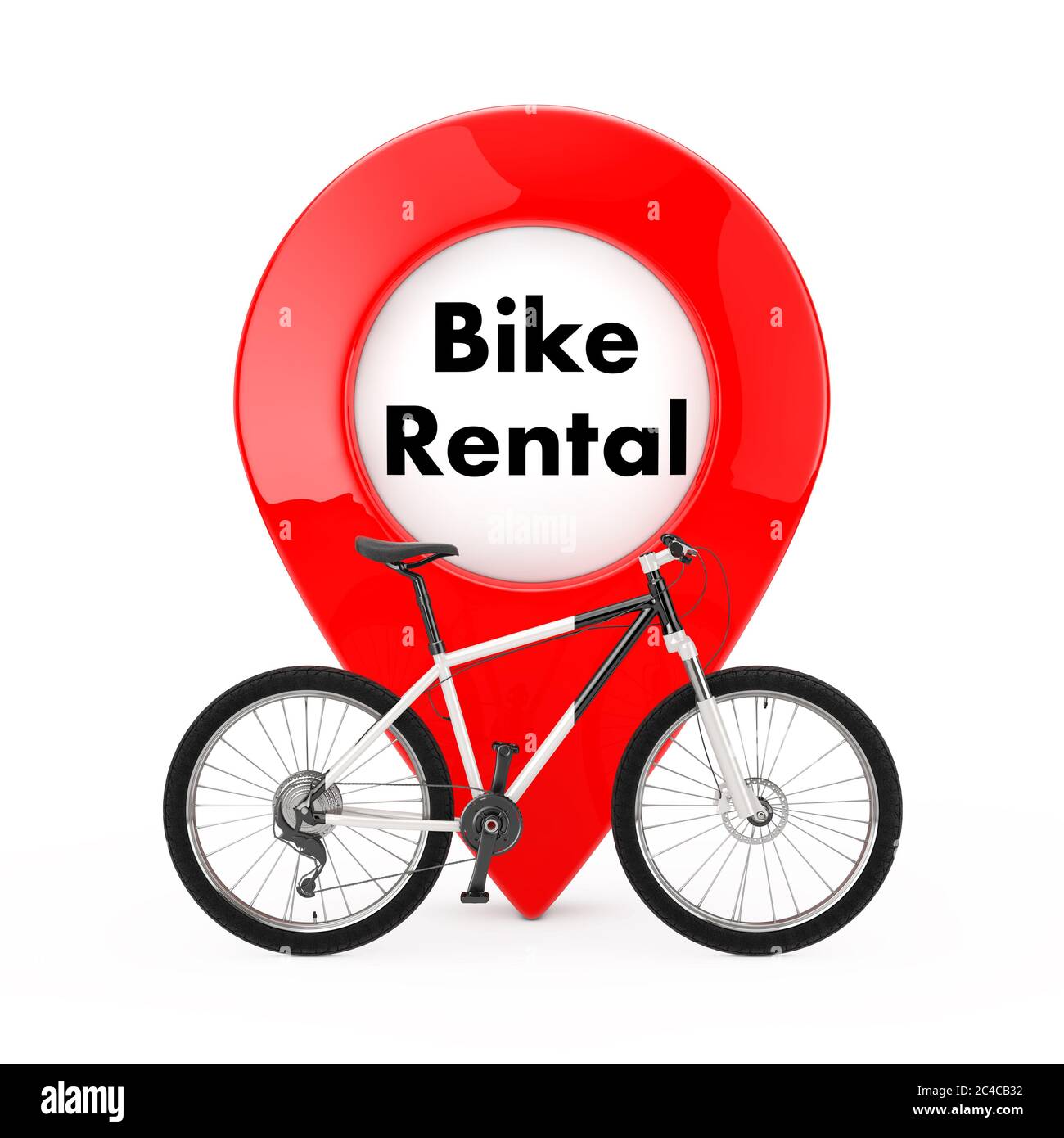 Black and White Mountain Bike in front of Map Pointer Pin with Bike