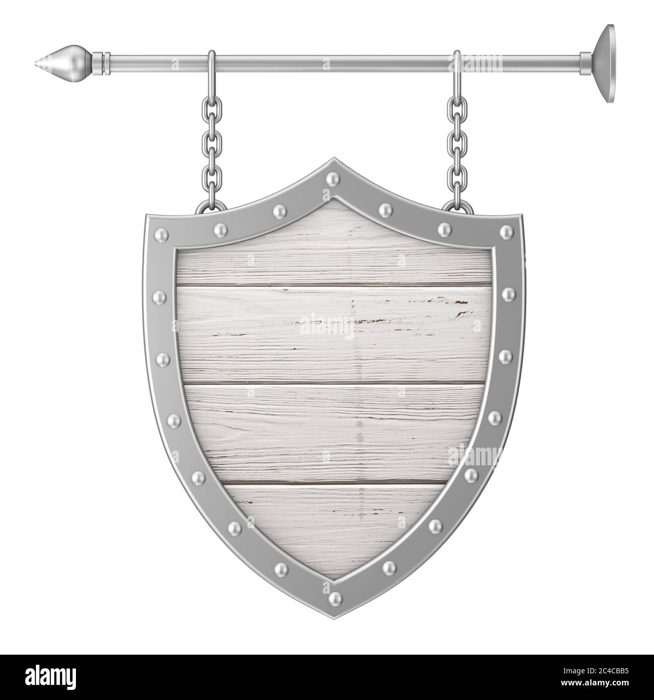 Shield Shaped Rusty Wooden Signboard with Chains on a white background ...