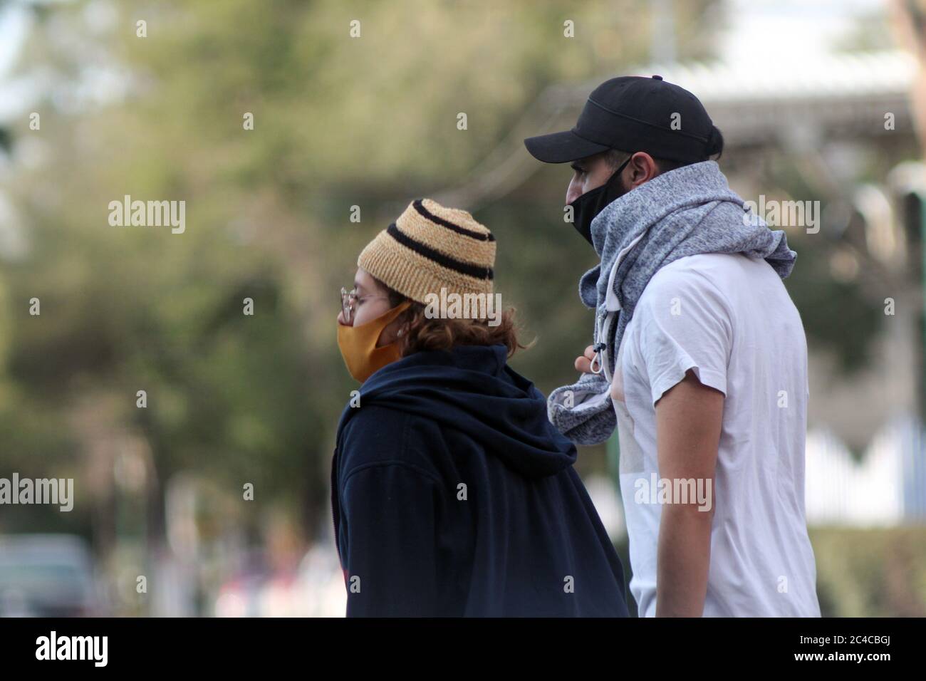 People with mask in Mexico streets. Stock Photo
