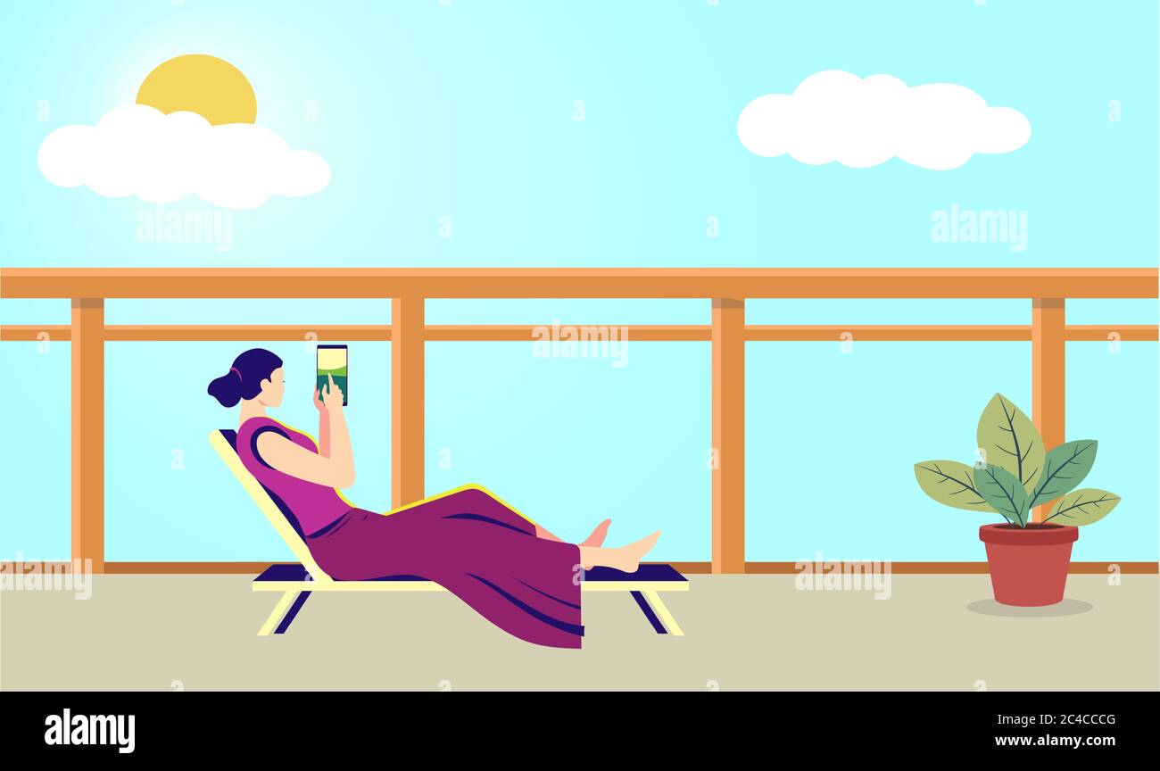 young lady playing on electronic devices at home Stock Vector