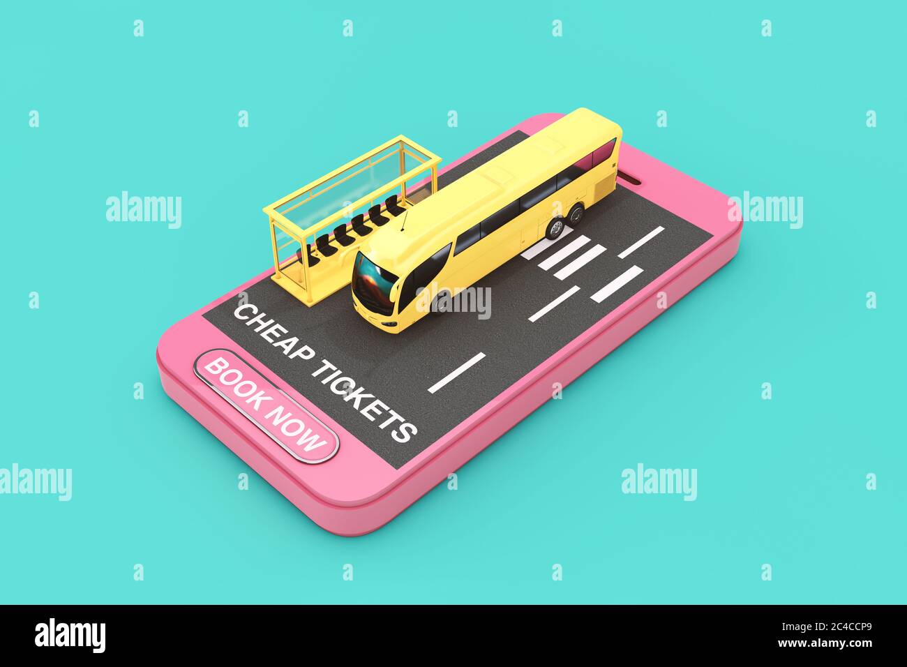 Big Yellow Coach Tour Bus with Bus Station over Mobile Phone with Cheap  Tickets Sign and Book Now Button on a green background. 3d Rendering Stock  Photo - Alamy