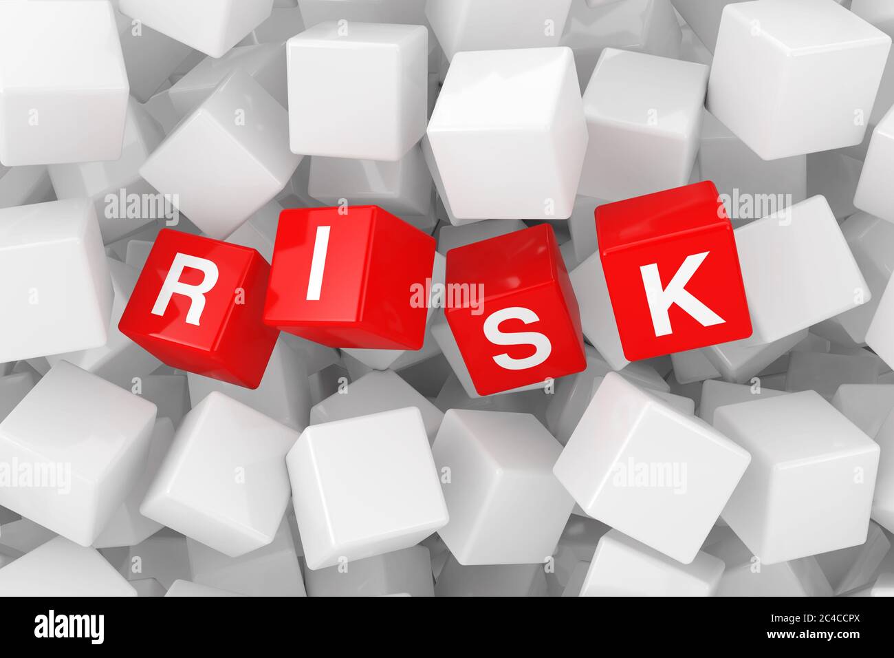 Red Risk Cubes in Heap of White Blank Cubes extreme closeup. 3d ...