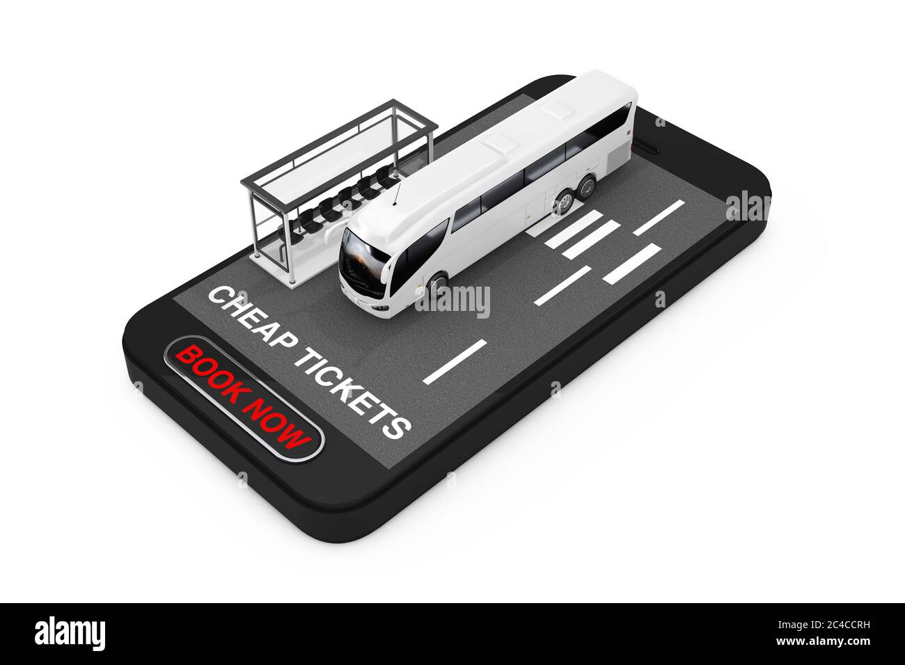 Big White Coach Tour Bus with Bus Station over Mobile Phone with Cheap  Tickets Sign and Book Now Button on a white background. 3d Rendering Stock  Photo - Alamy