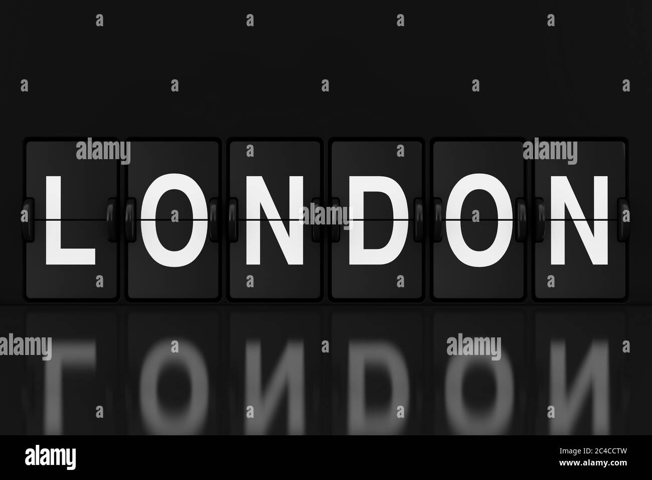 Mechanical Analog Flip Clock Board with London Sign extreme closeup. 3d