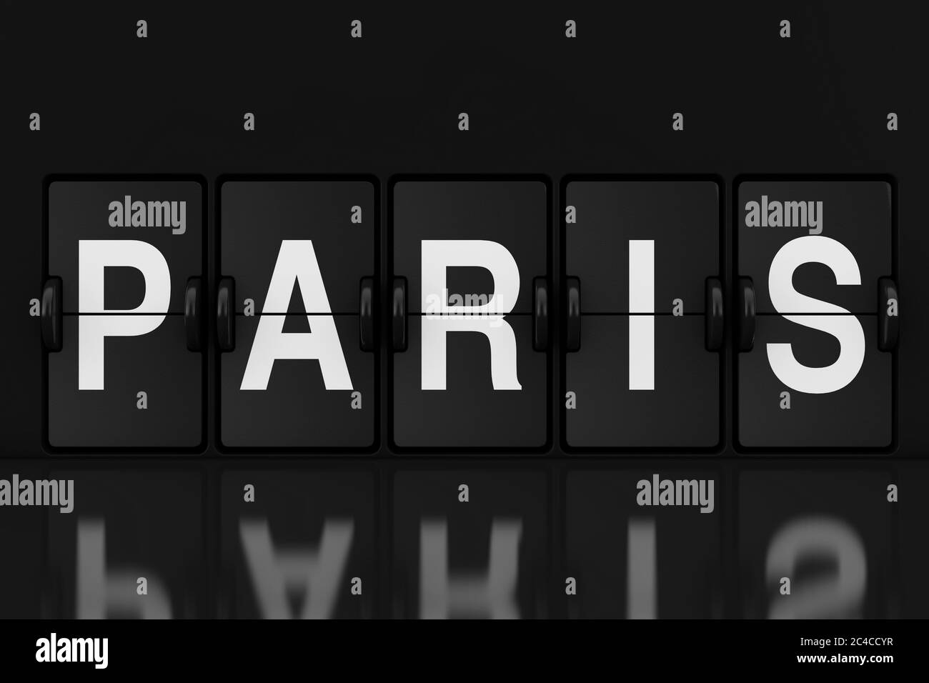 Mechanical Analog Flip Clock Board with Paris Sign extreme closeup. 3d Rendering Stock Photo