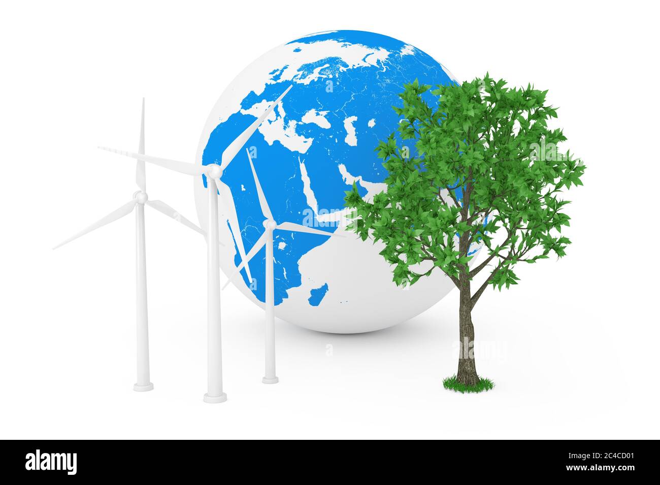 Ecological Energy Concept. Wind Turbine Windmills, Earth Globe and Green Tree on a white background. 3d Rendering Stock Photo