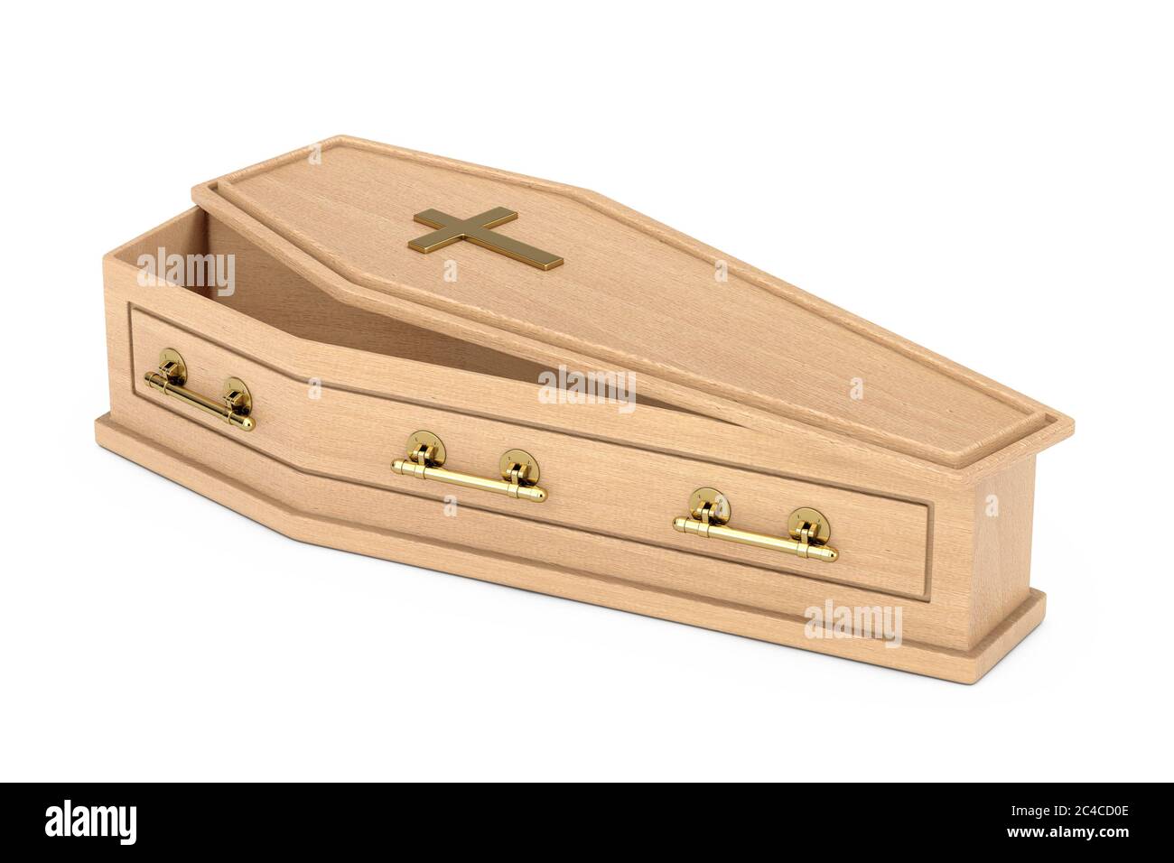 Wooden Coffin With Golden Cross and Handles on a white background. 3d