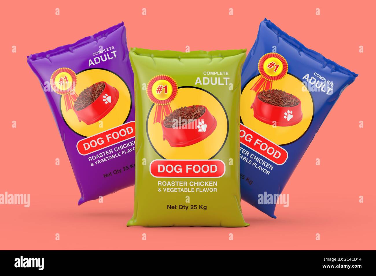 Dog Food Bag Packages Design on a pink background. 3d Rendering Stock