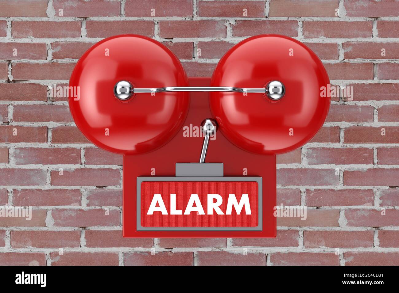 Red Fire Alarm Bell System on a brick wall background. 3d Rendering Stock Photo