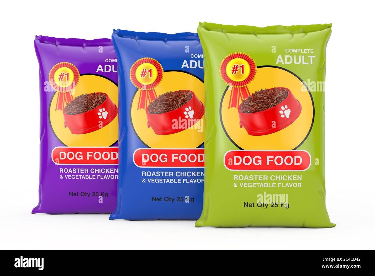 Dog Food Bag Packages Design on a white background. 3d Rendering Stock
