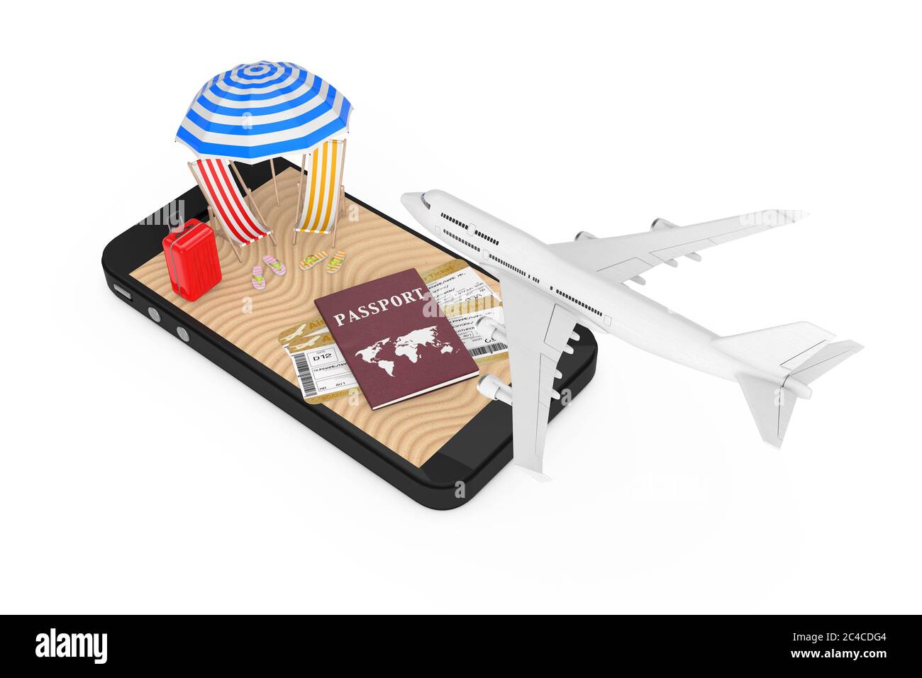 Booking Online Tickets Concept. White Jet Passenger's Airplane Flying Over Mobile Phone with Passport, Tickets and Sand Tropical Beach on a white back Stock Photo