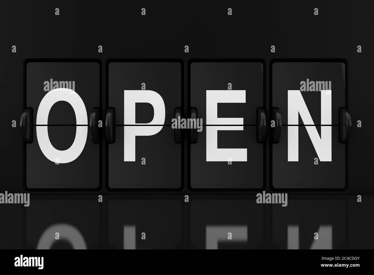 Mechanical Analog Flip Clock Board with Open Sign extreme closeup. 3d