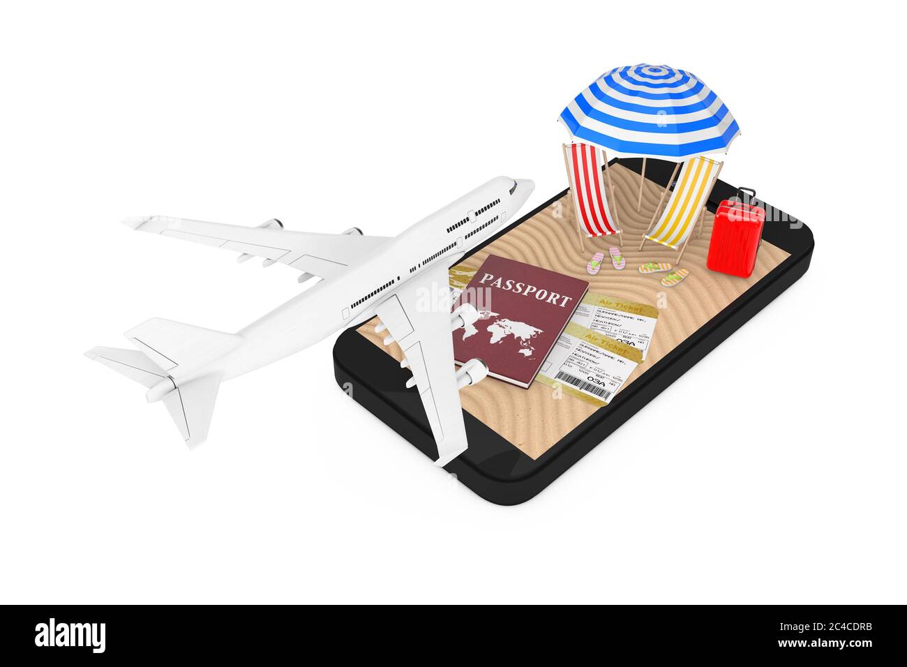 Booking Online Tickets Concept. White Jet Passenger's Airplane Flying Over Mobile Phone with Passport, Tickets and Sand Tropical Beach on a white back Stock Photo