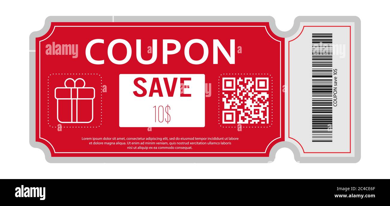Coupon with real barcode and QR code for 10 percent off sale for stores, trade and business