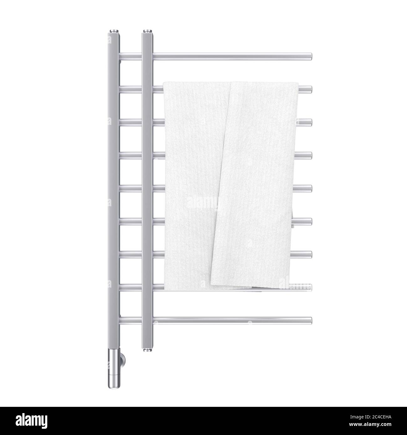 Bathroom Towel Heater Warmer Rail with Towel on a white background. 3d Rendering Stock Photo
