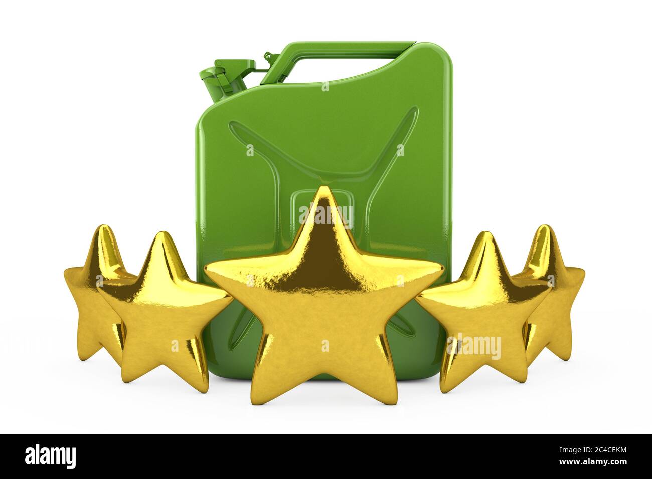 Quality Fuel Concept. Green Metal Fuel Jerrycan with Five Gold Stars on