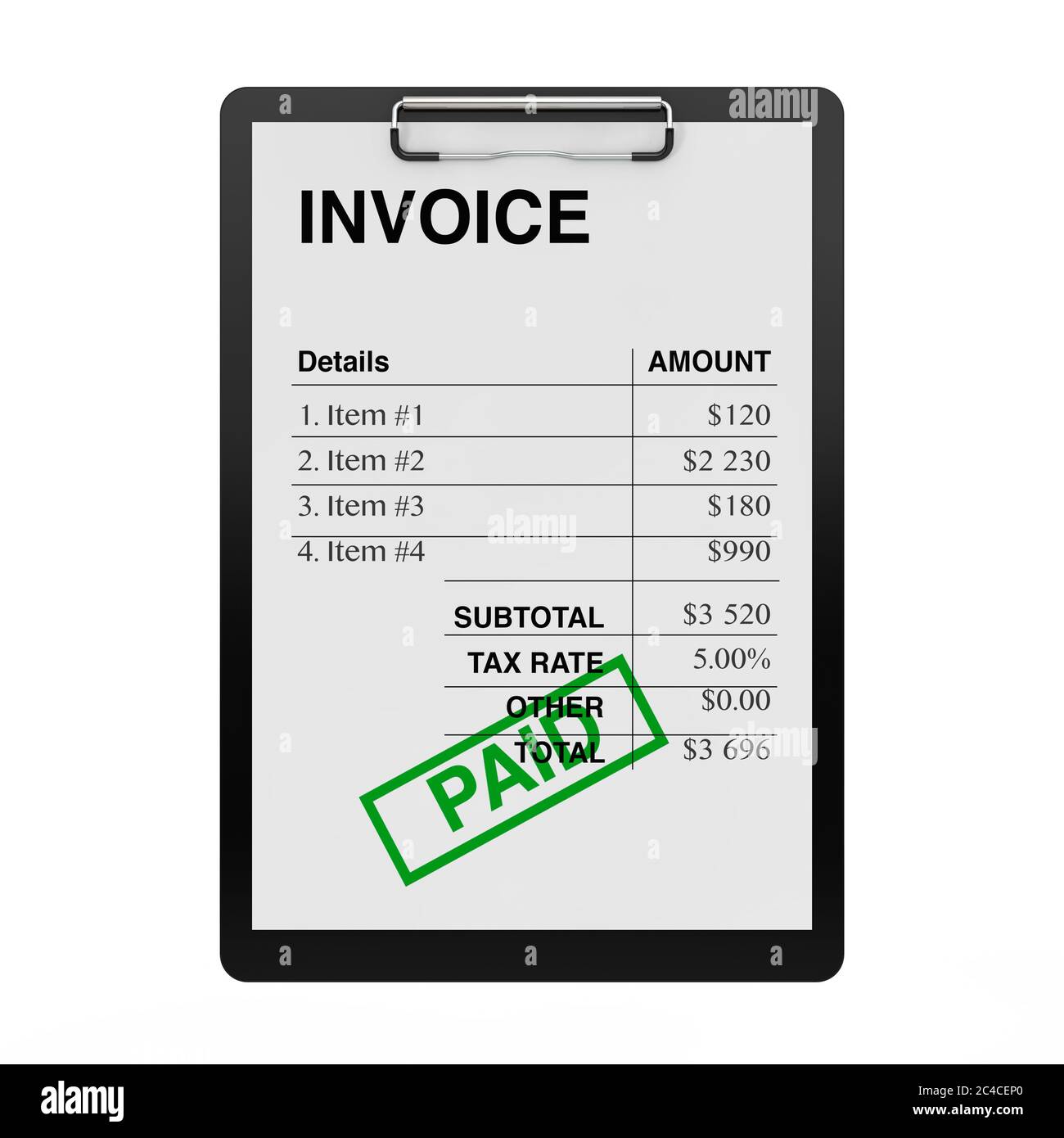 Clipboard with Invoice Template Paper on a white background. 3d Rendering Stock Photo