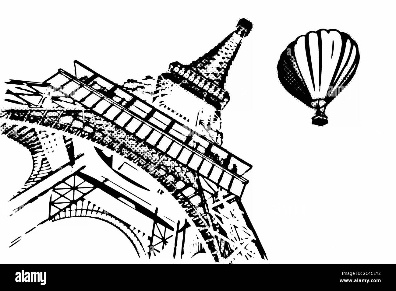 France Concept. Paris Sketches Hand Drawing Style Eiffel Tower and Hot Air Balloon on a yellow background. 3d Rendering Stock Photo