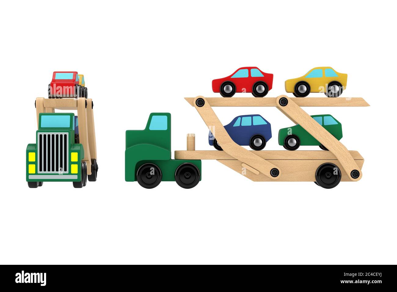 Wooden Coloured Cars Carrier Truck Trailer Toy on a white background