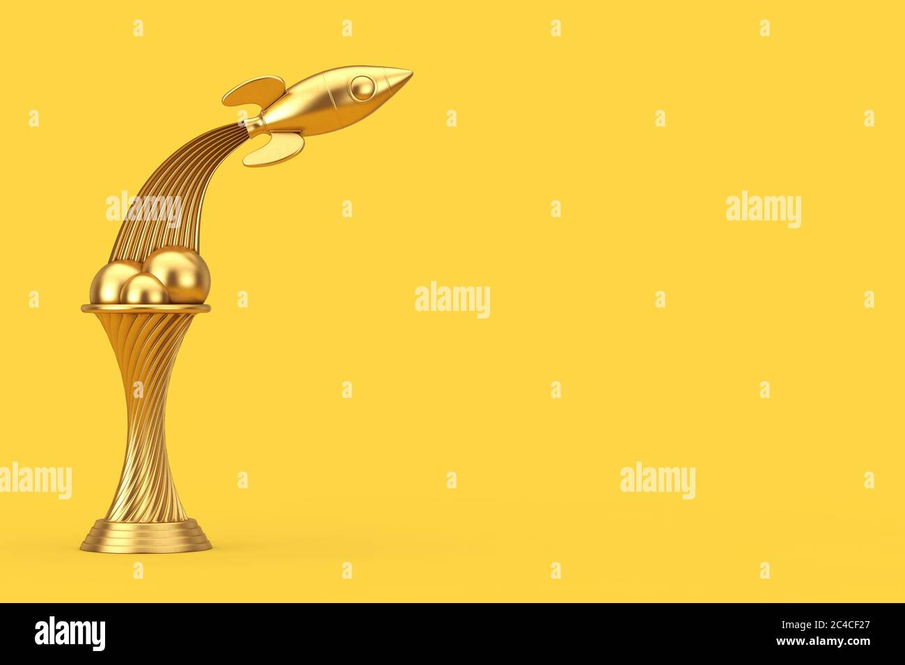 Space Exploration Concept. Golden Award Trophy Fly Up Rocket on a yellow background. 3d Rendering Stock Photo