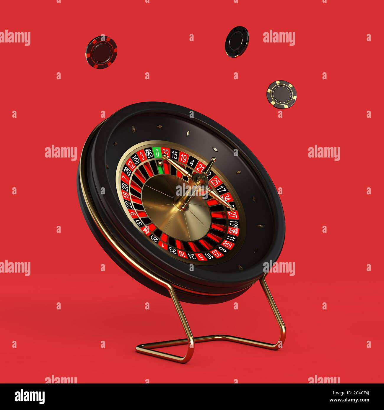 Black Casino Roulette Wheel with Poker Casino Chips on a red background ...