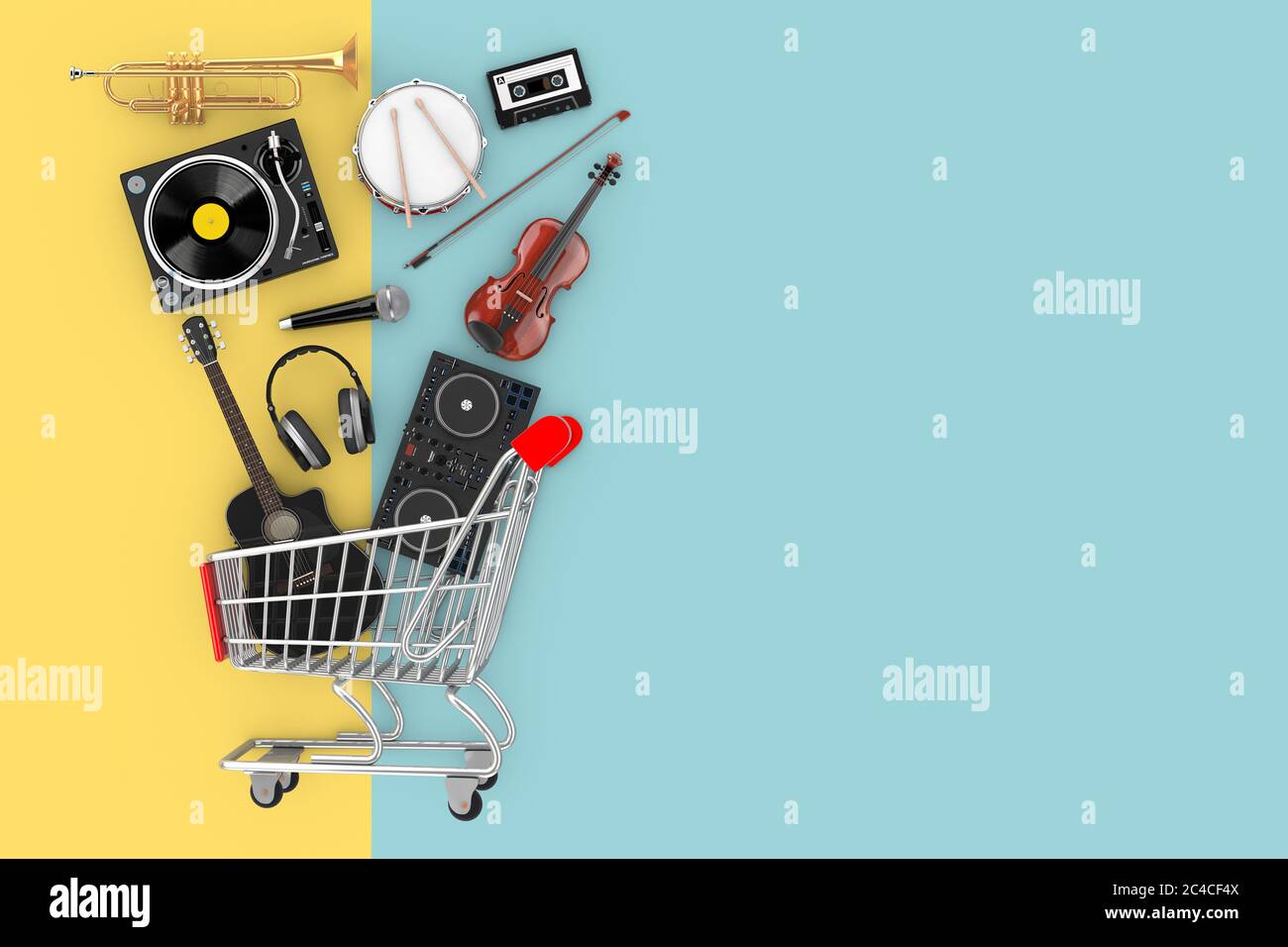 Many Musical Instruments Falling in Shopping Cart on a yellow and blue ...