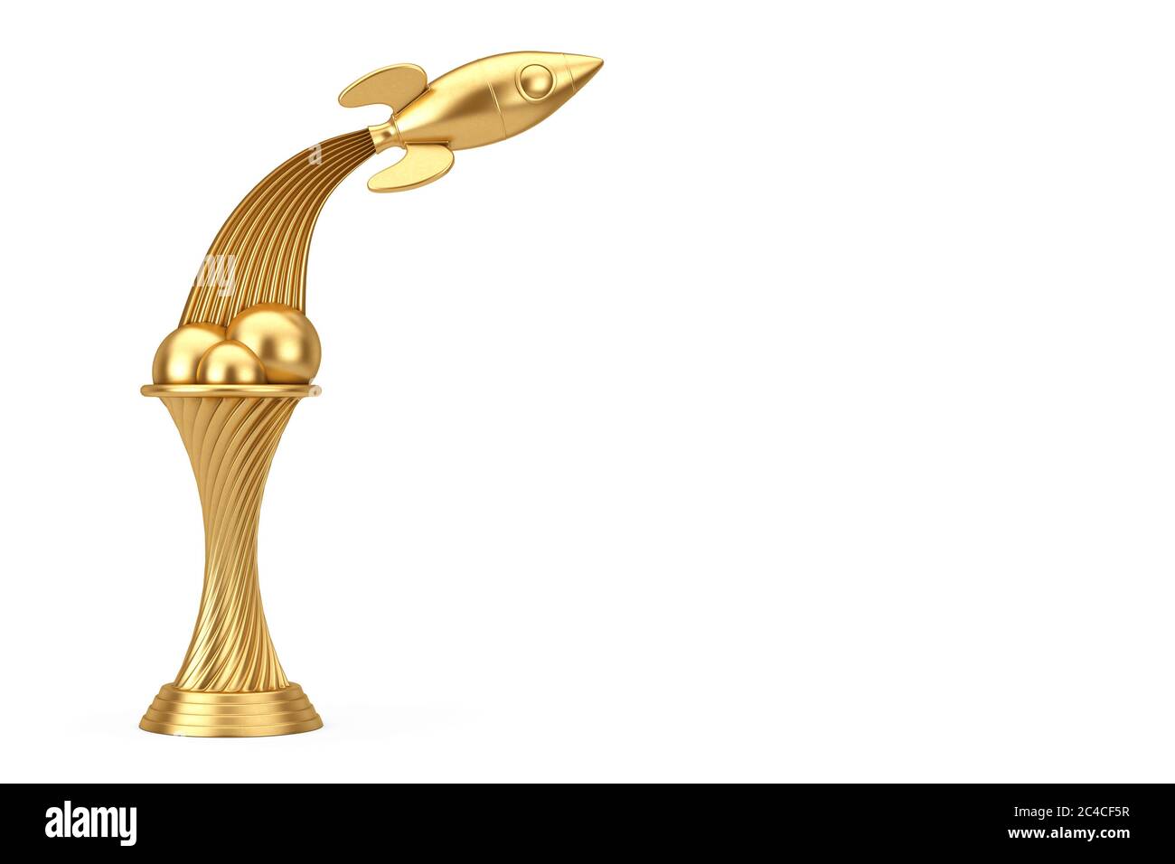 Space Exploration Concept. Golden Award Trophy Fly Up Rocket on a white background. 3d Rendering Stock Photo