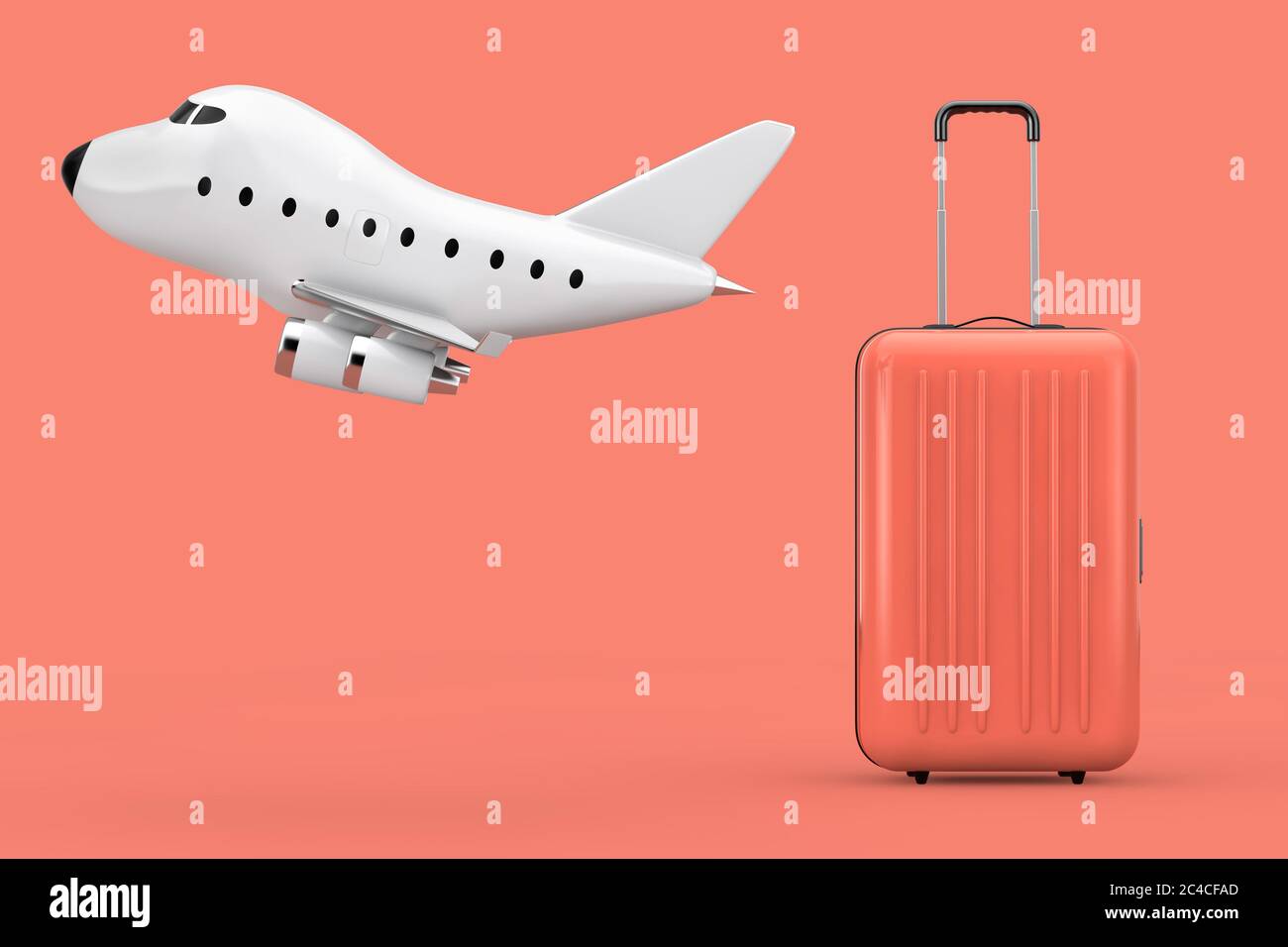 Air Travel Concept. Large Multicolour Polycarbonate Suitcase with Cartoon  Toy Jet Airplane on a pink background. 3d Rendering Stock Photo - Alamy
