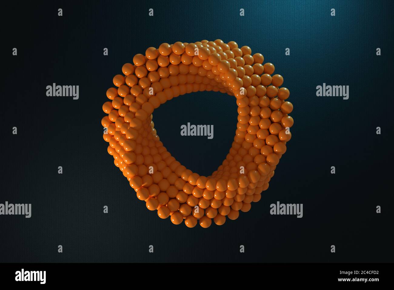 Abstract Impossible Orange Balls Loop Circle Shape Cross Cap on a black background. 3d Rendering Stock Photo