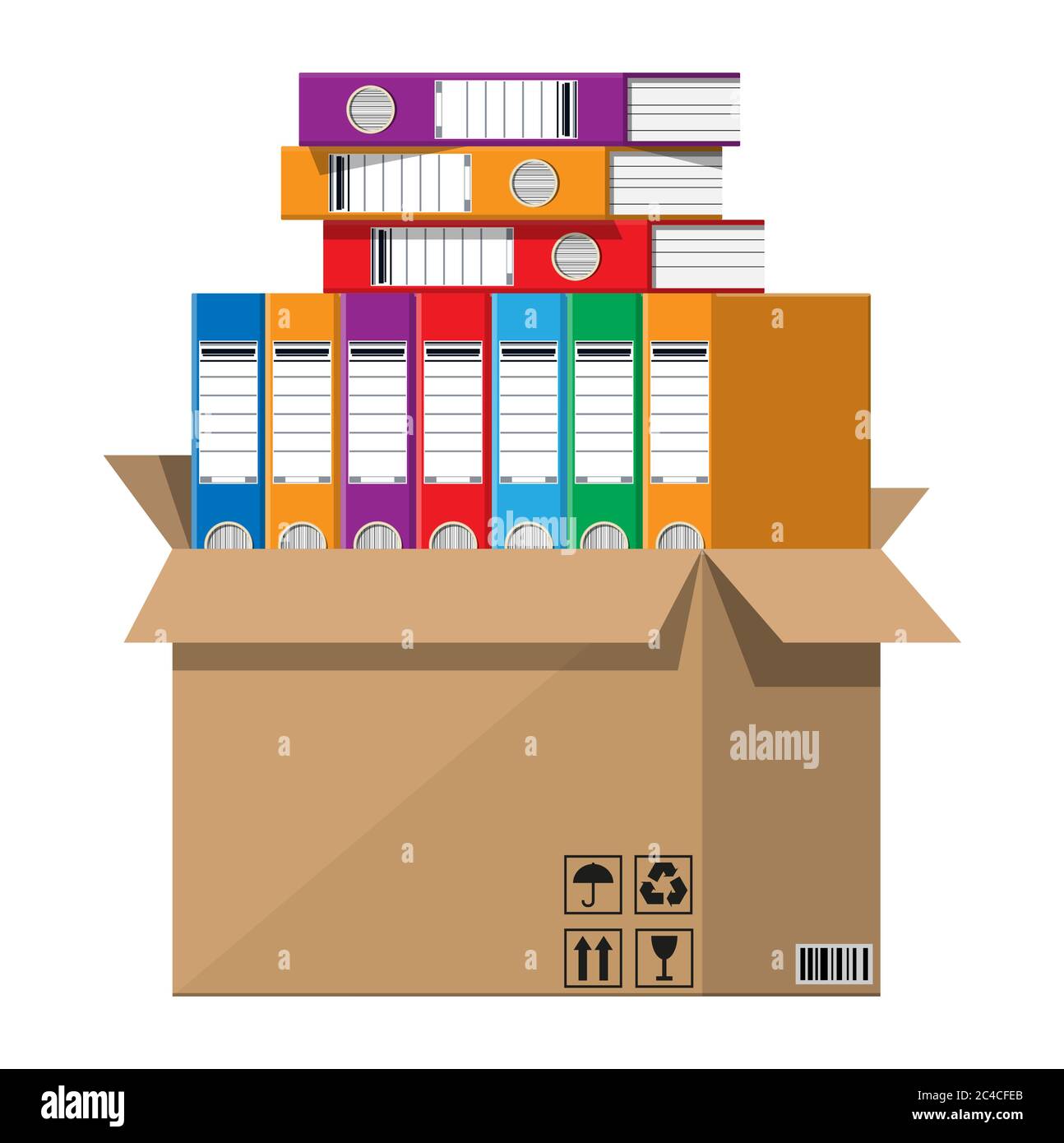 Pile of paper documents, file folders in cardboard box. Huge paperwork