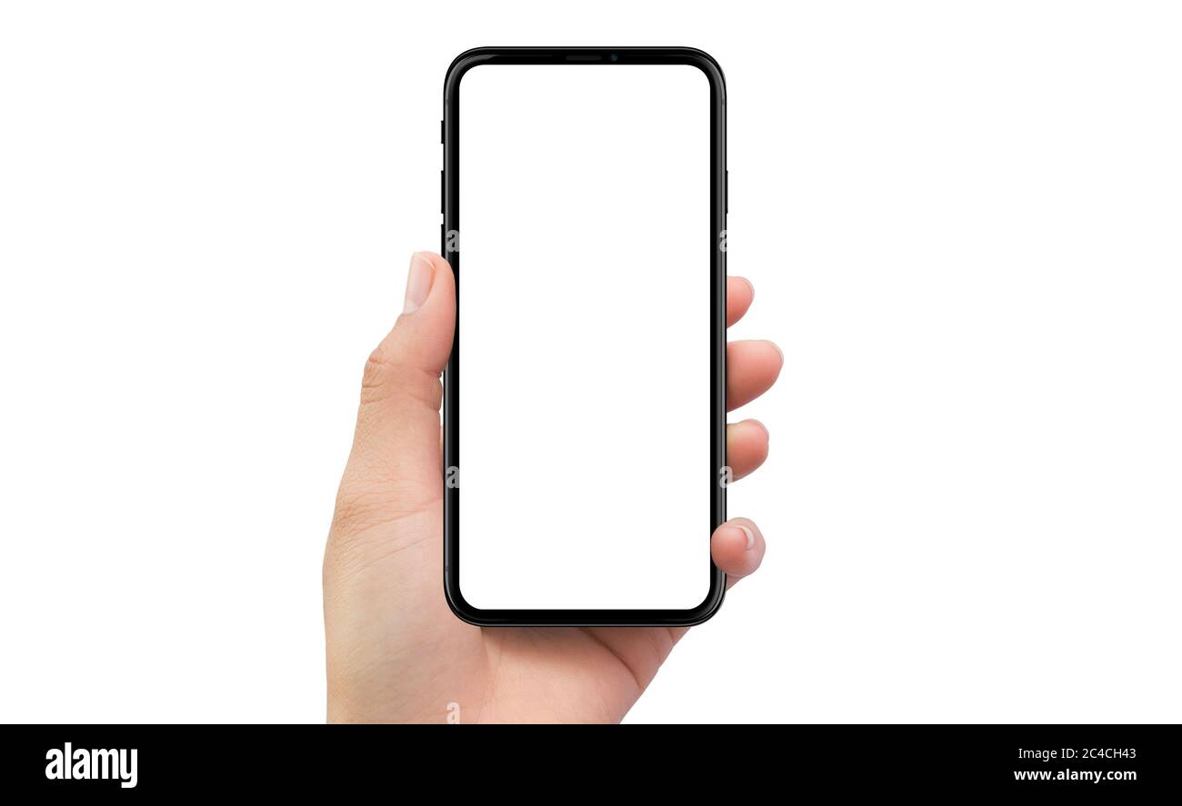 Isolated human left hand holding black mobile smart phone device mockup