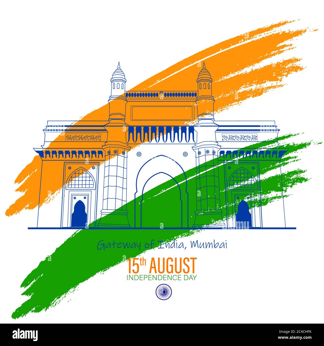 Illustration of famous Indian monument saffron and green color brush background for Happy Independence Day celebration 15th august concept design Stock Vector