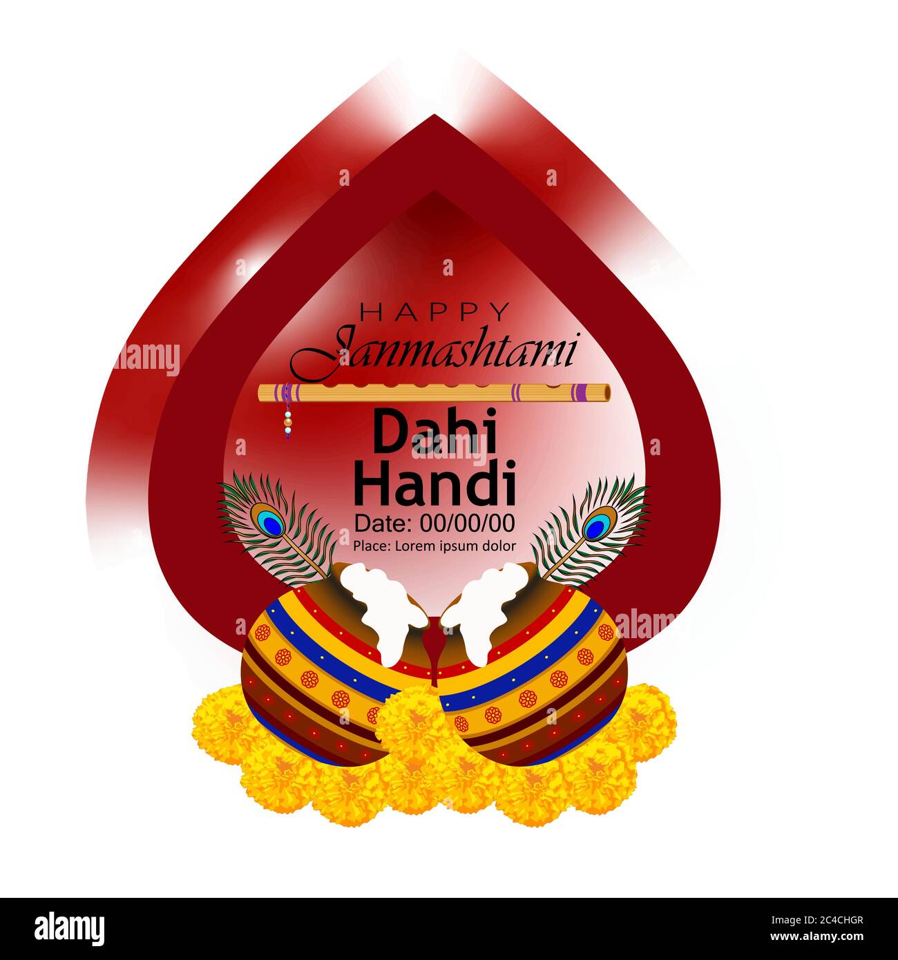 Vector illustration of Happy Janmashtami festival Lord Krishna playing bansuri in religious indian festival background,  Dahi Handi meaning cream and Stock Vector