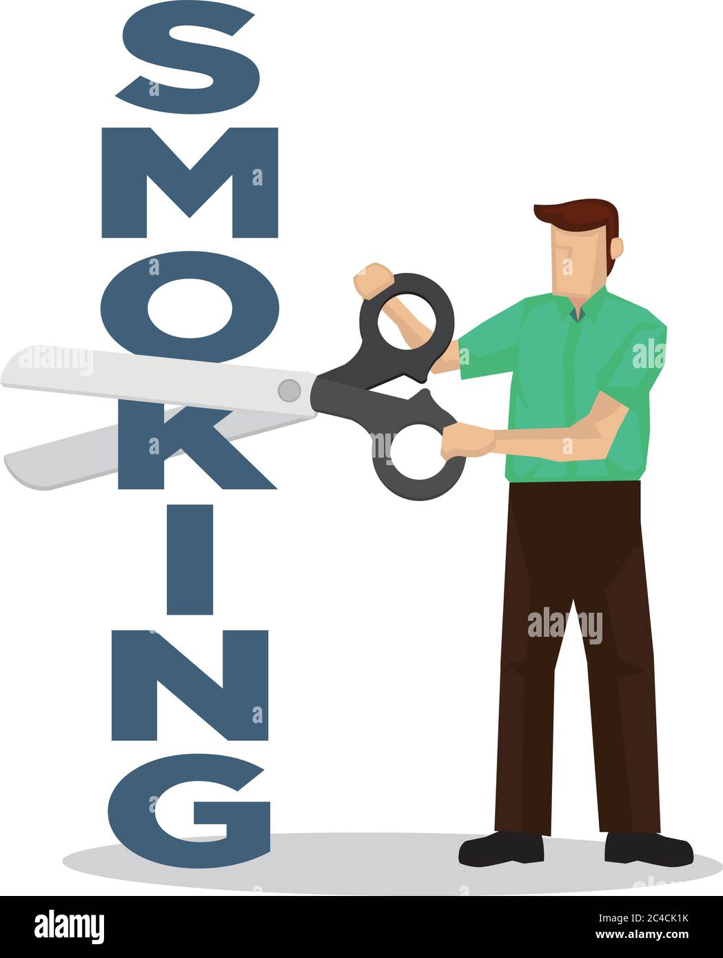 Man cuts smoking font with a scissors. Concept of quit smoking or tobacco addiction. Vector illustration. Stock Vector