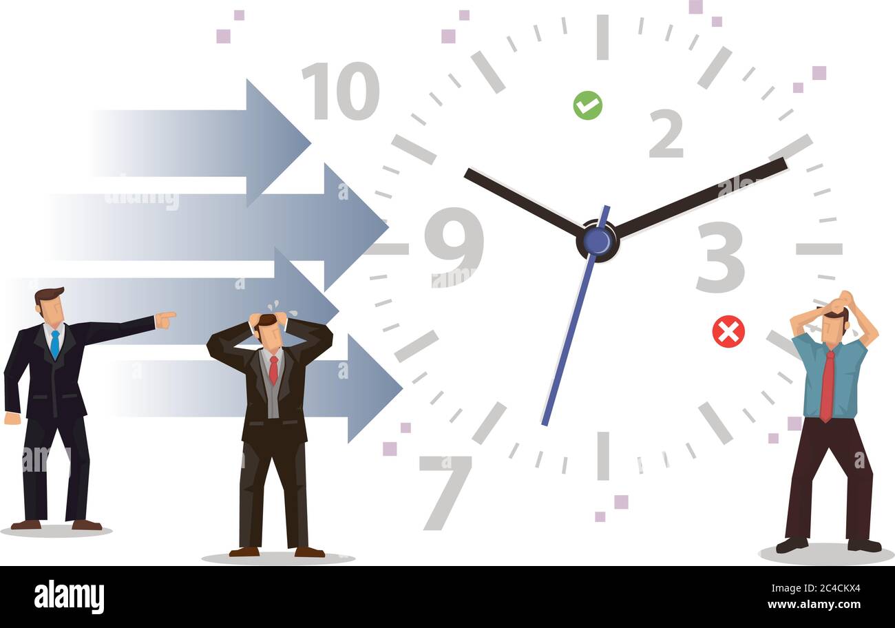 Businessmen with clock face, numbers and arrows. Business goal and work time management concept. Flat cartoon character vector illustration isolated o Stock Vector