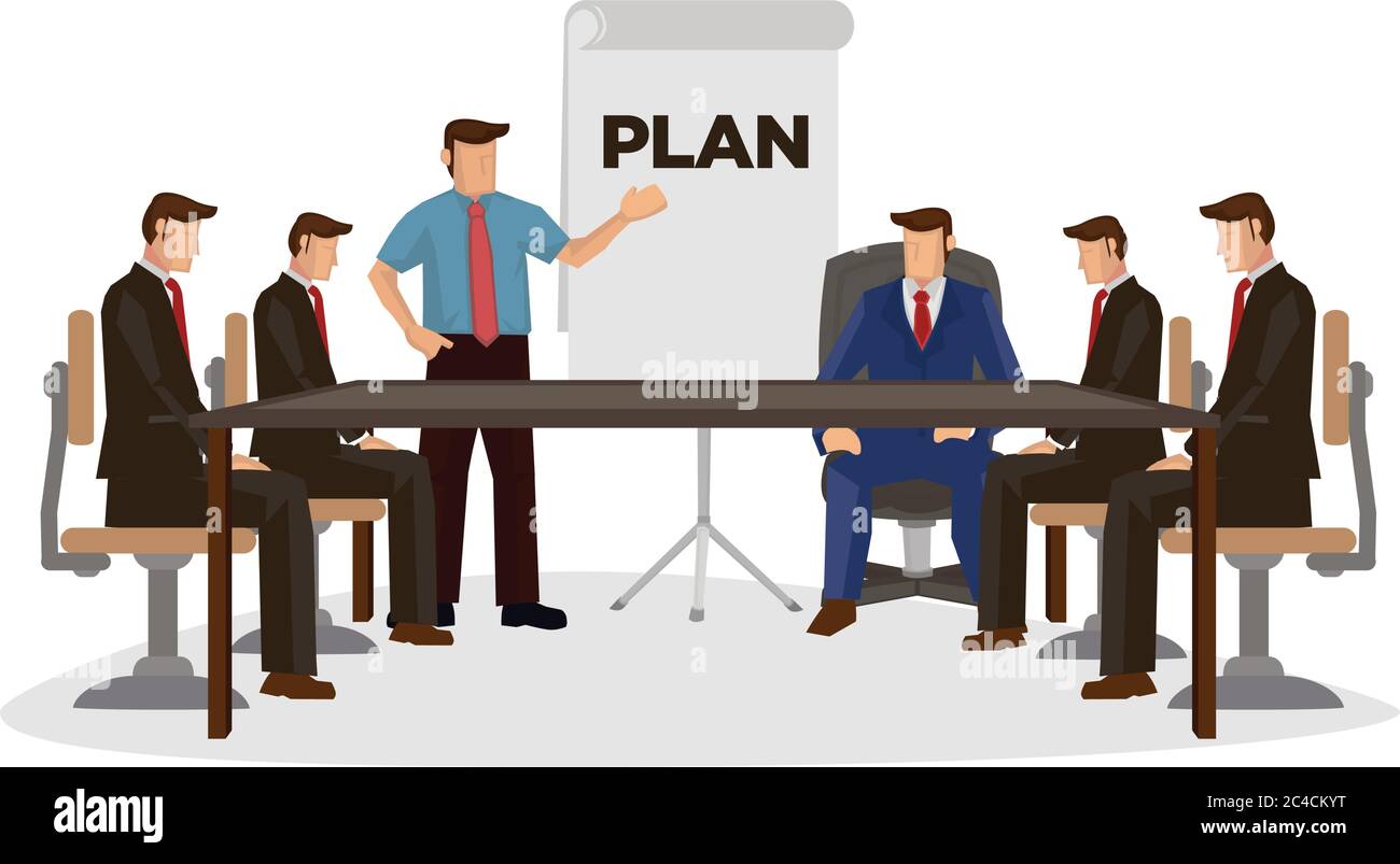 Business people are working in office. Young junior worker making presentation to his boss. Cartoon character vector isolated on white background. Stock Vector