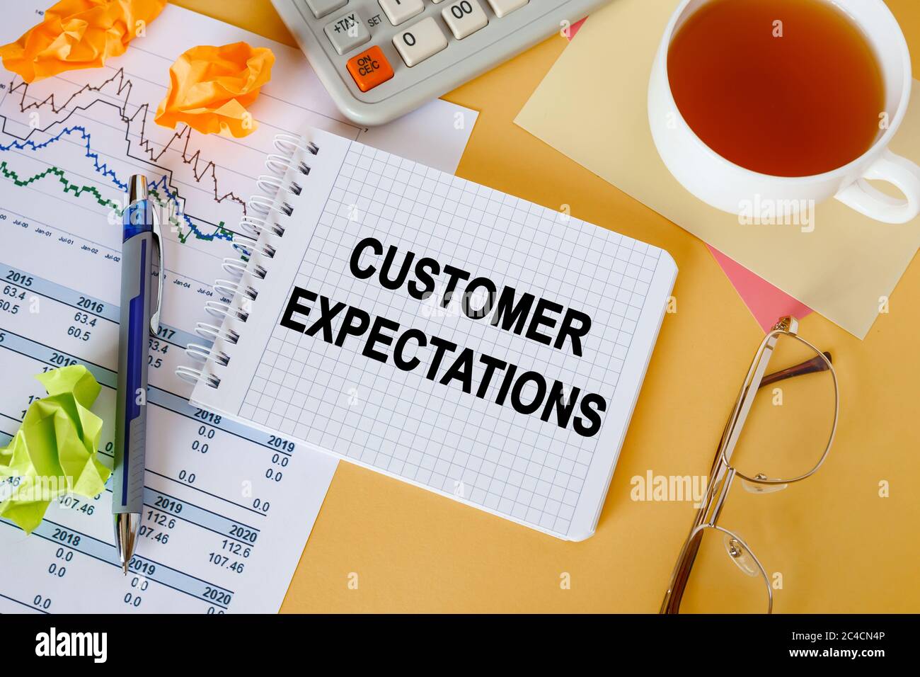 Customer Expectations is written on a notepad, on an office desk with office accessories. Stock Photo