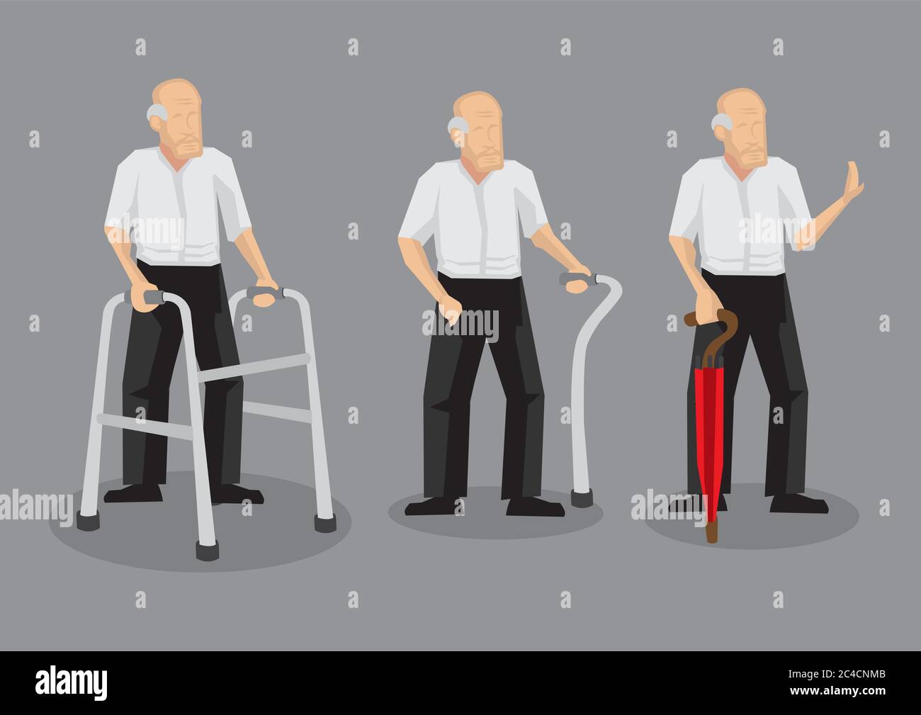 Set of three vector cartoon illustrations of elderly man with mobility aid isolated on grey background. Stock Vector