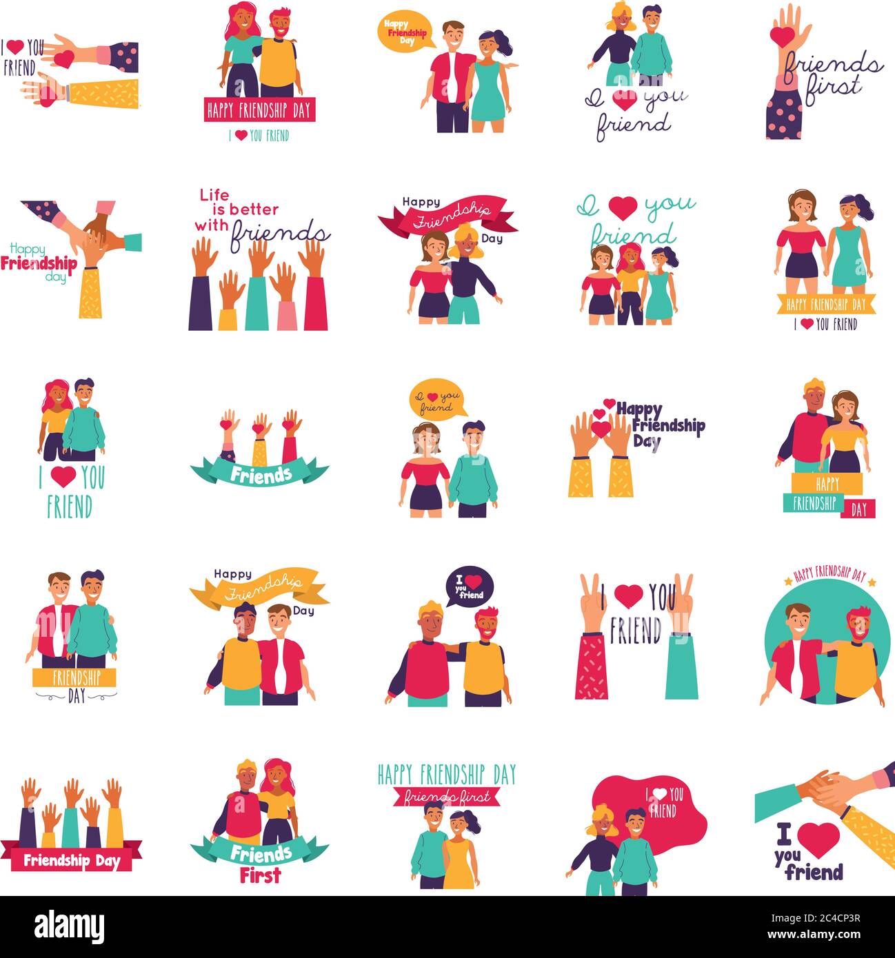 happy friendship day celebration with people and icons set vector ...